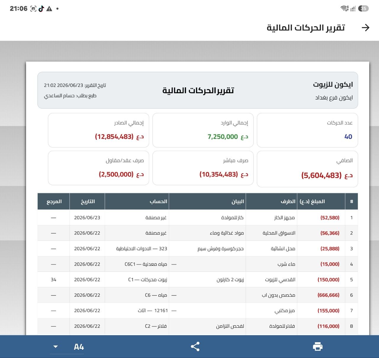 Preview of financial transactions report as PDF in Daftarak